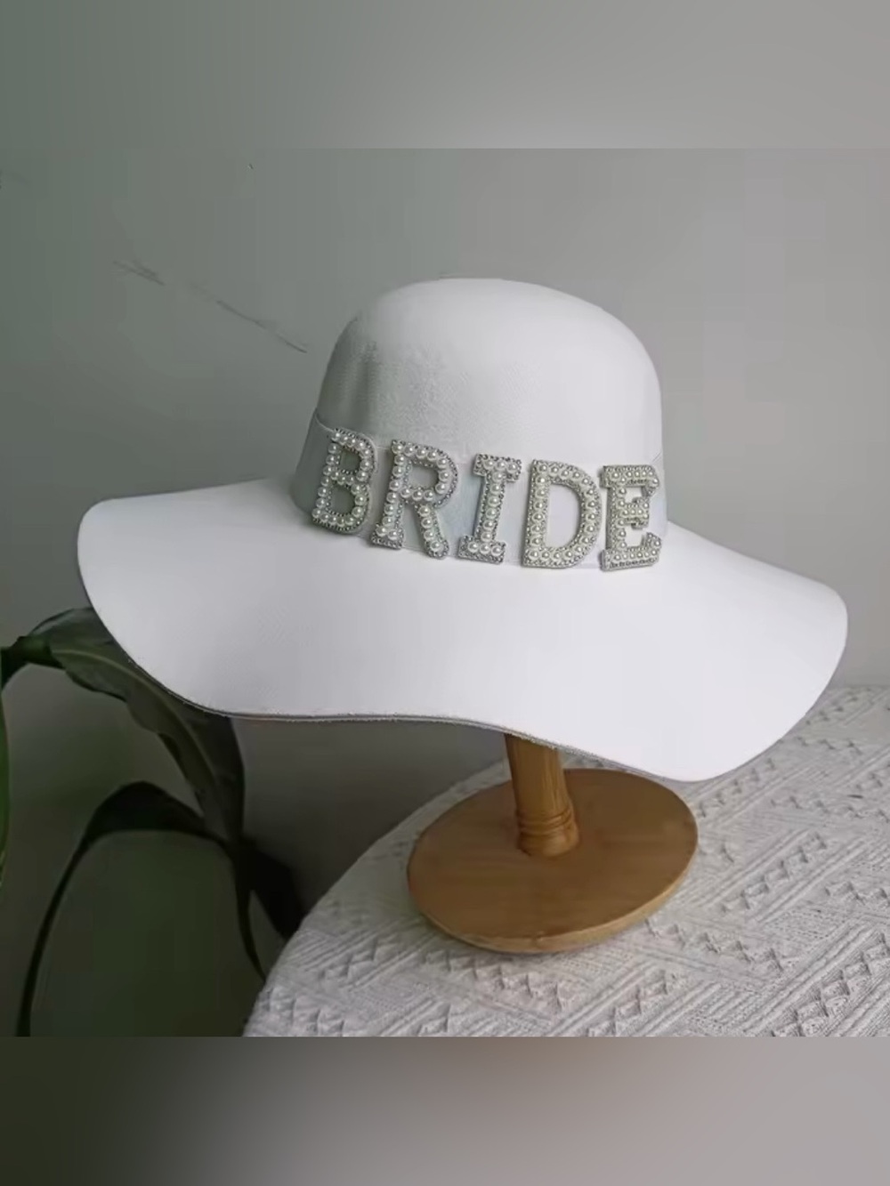Macy's White Wide-Brim Hat with Pearl & Rhinestone 'BRIDE' Detail